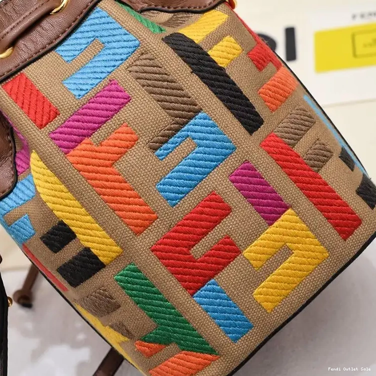 Cheap Woven with Motif Mon Canvas Bucket Handle Brown In Mini FF Fendi Tresor Bag 0703